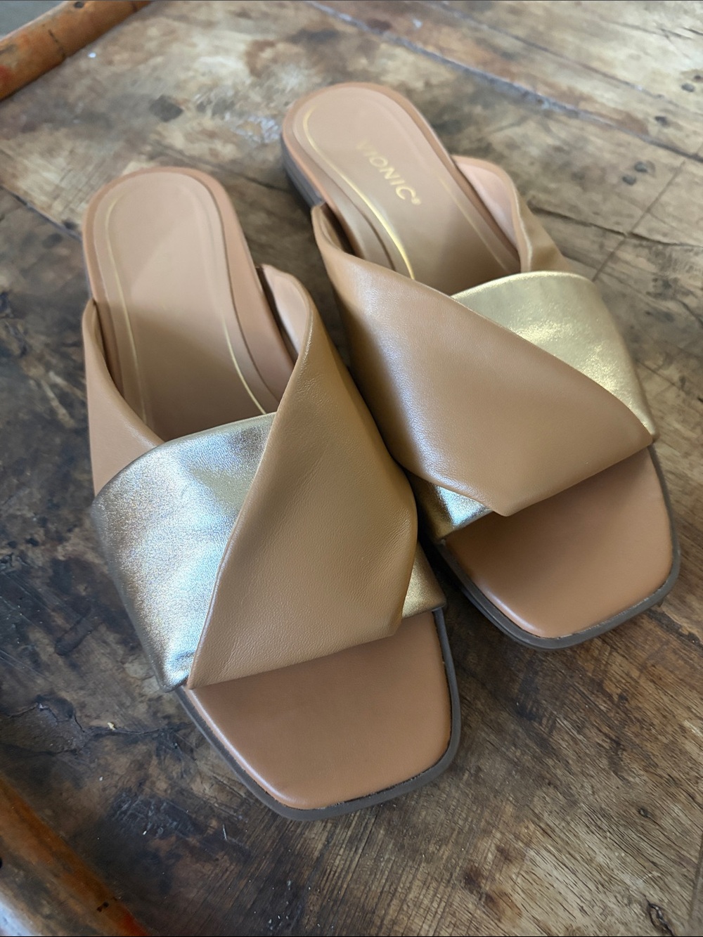Vionic Miramar Comfort Slide Tan and Gold Crossover Sandals